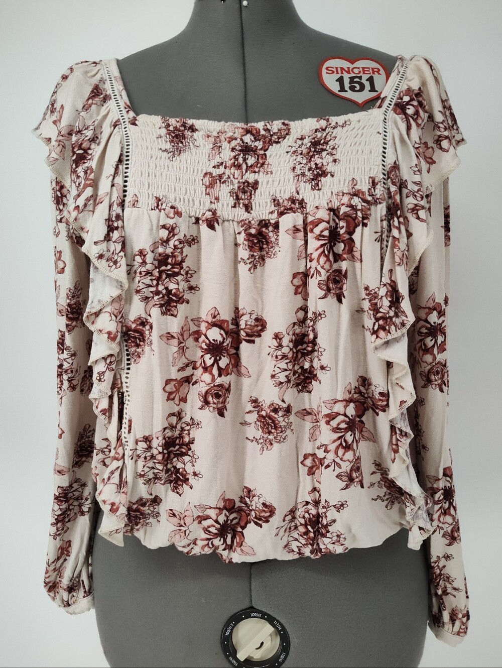Coco + Jaimeson Womens Smocked Square-Neck Floral Long Sleeve Blouse Size Large